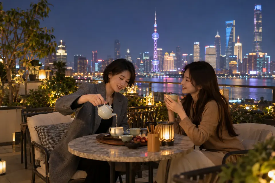 屋顶露台夜间倒茶交流的场景